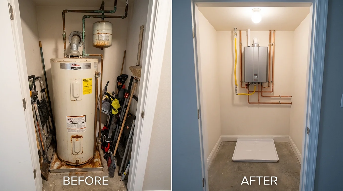 Tank water heater versus wall-mounted tankless unit comparison for Mount Airy, MD homeowners