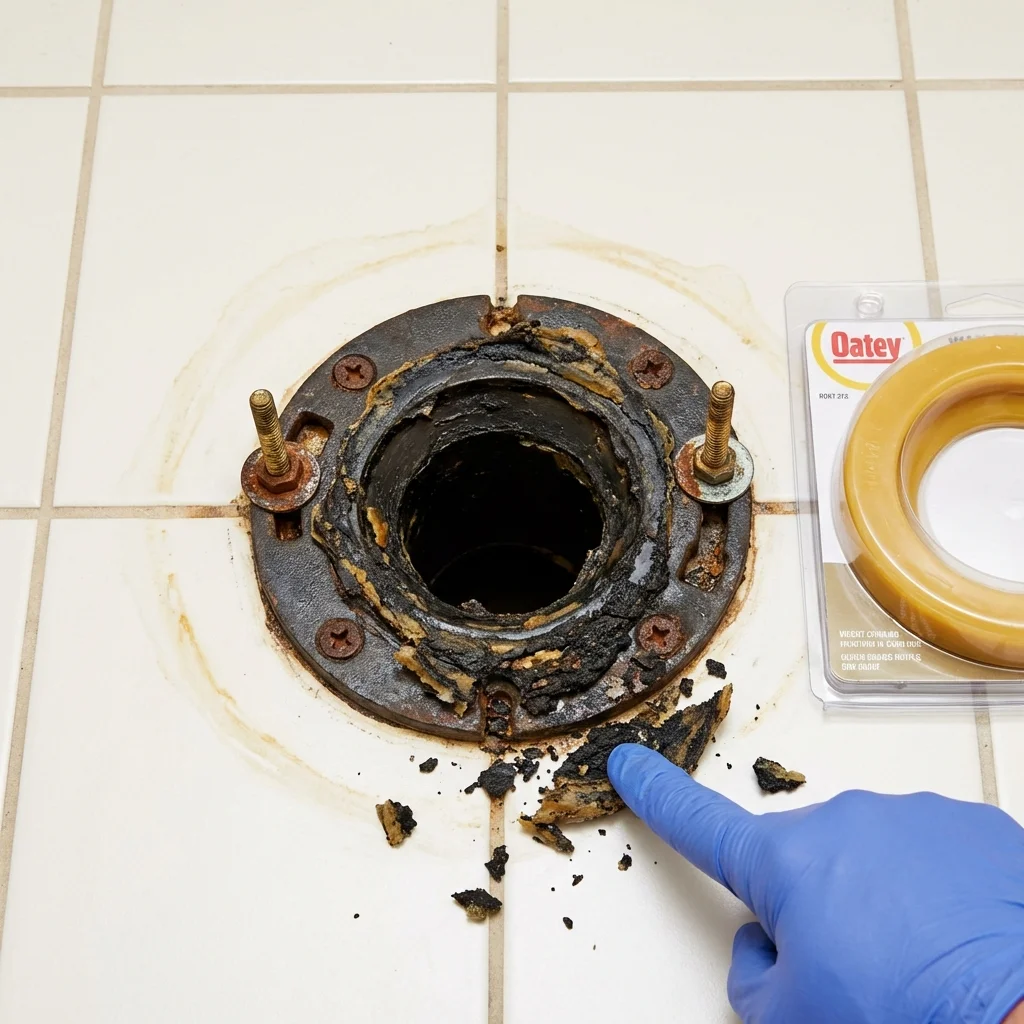 Failed wax ring showing water seepage at the base of a toilet in a Mount Airy, MD home