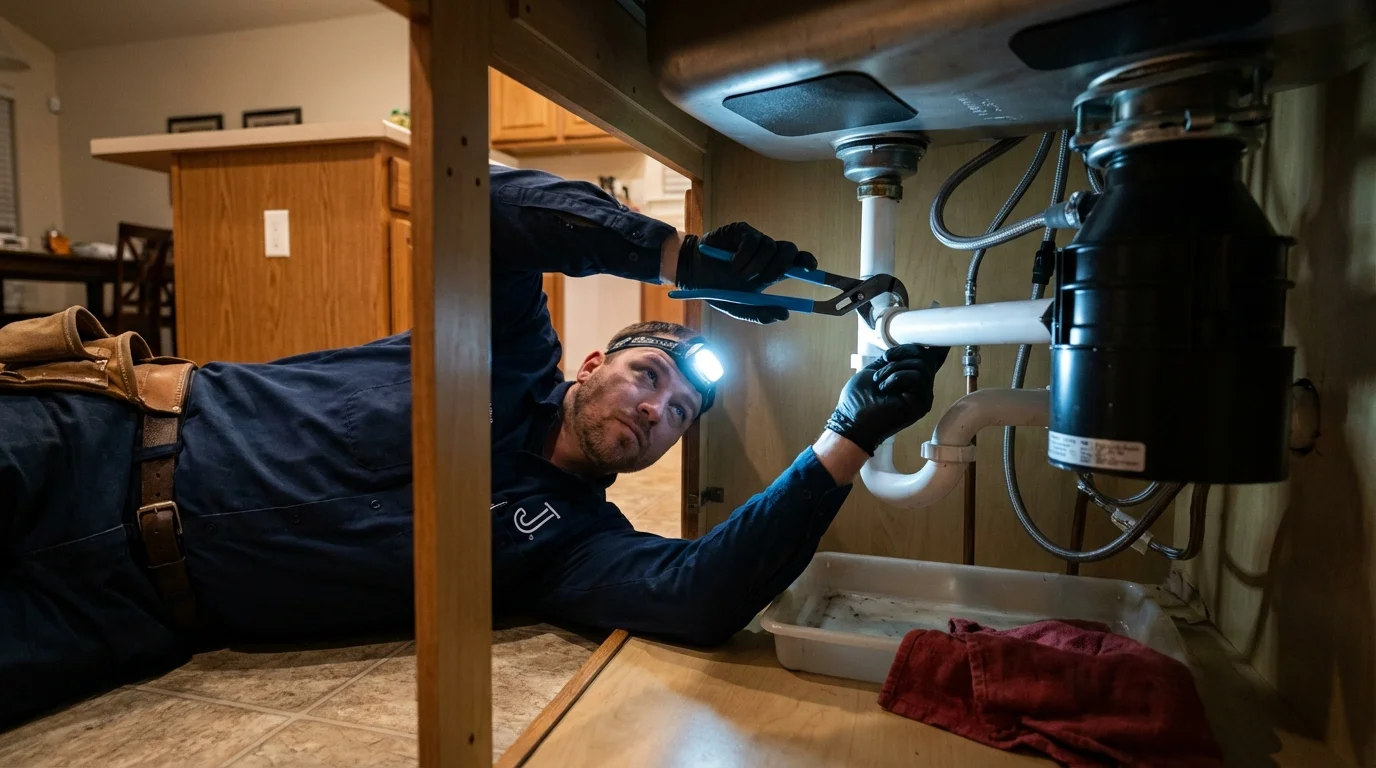 P-trap and supply line connections under a kitchen sink showing a common leak point in Mount Airy, MD